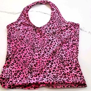 Neon Pink and Black Leopard Print Halter Top